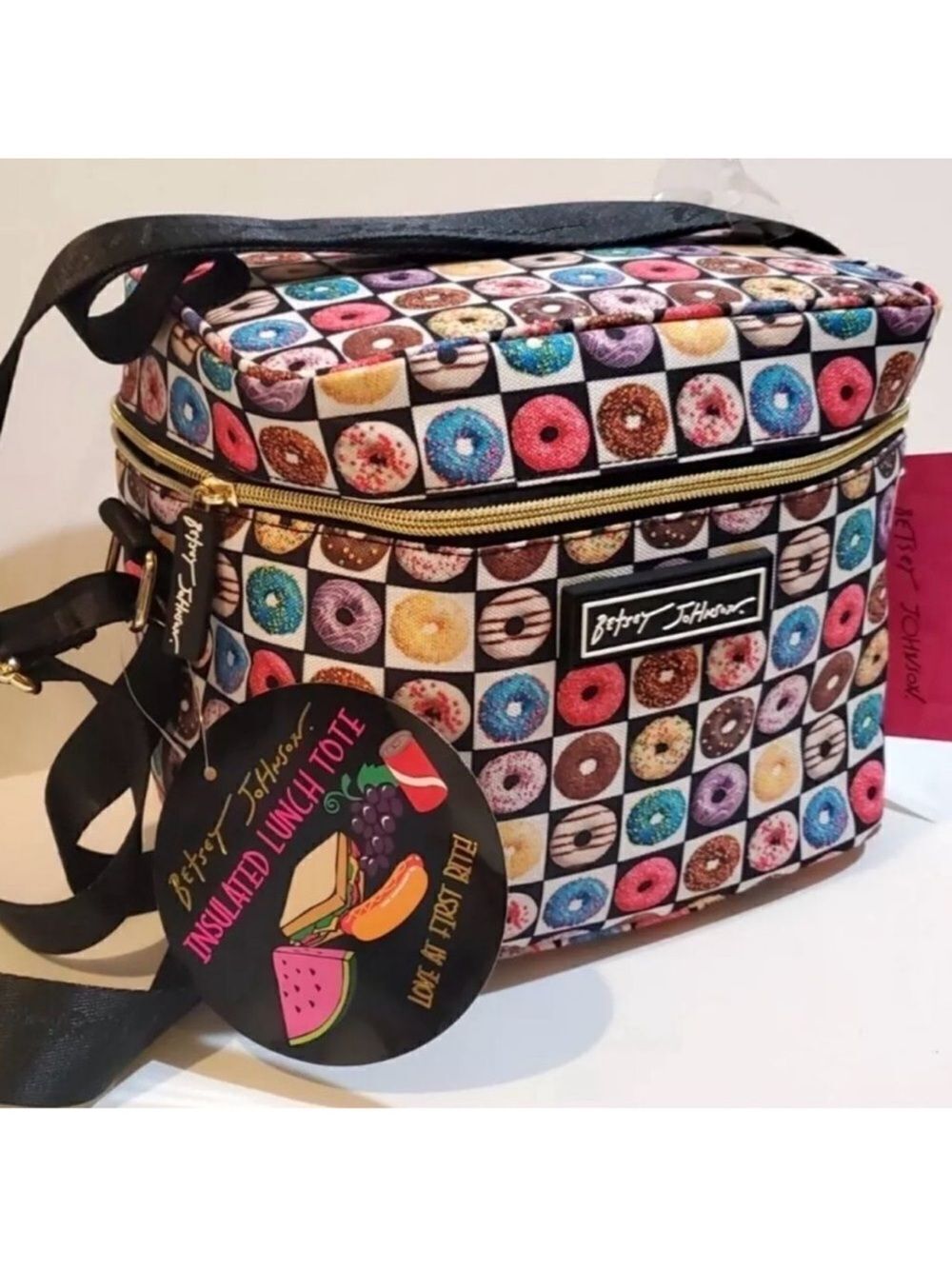 BJ Black White Checkered Assorted Colorful Donuts Lunch Bag Adjustable Strap